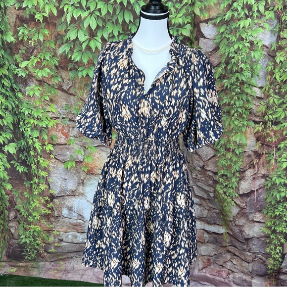 THML Navy and Tan Shirred Waist Puff Sleeve Midi Dress, S - Picture 3 of 13